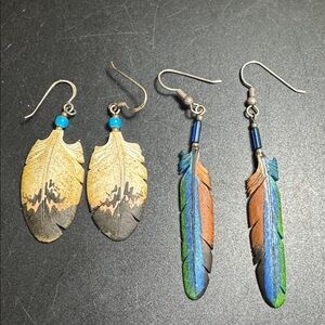 Native American Carved Bison Bone Eagle Feather bird  feather Earrings Signed